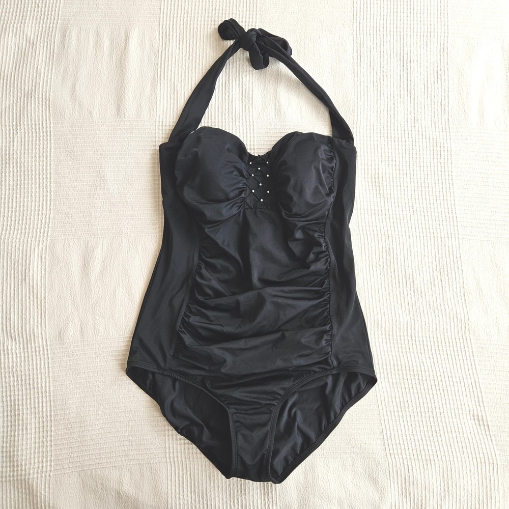 Jantzen Classics Black Ruched Halter One Piece Slimming Swimsuit Women Size 16